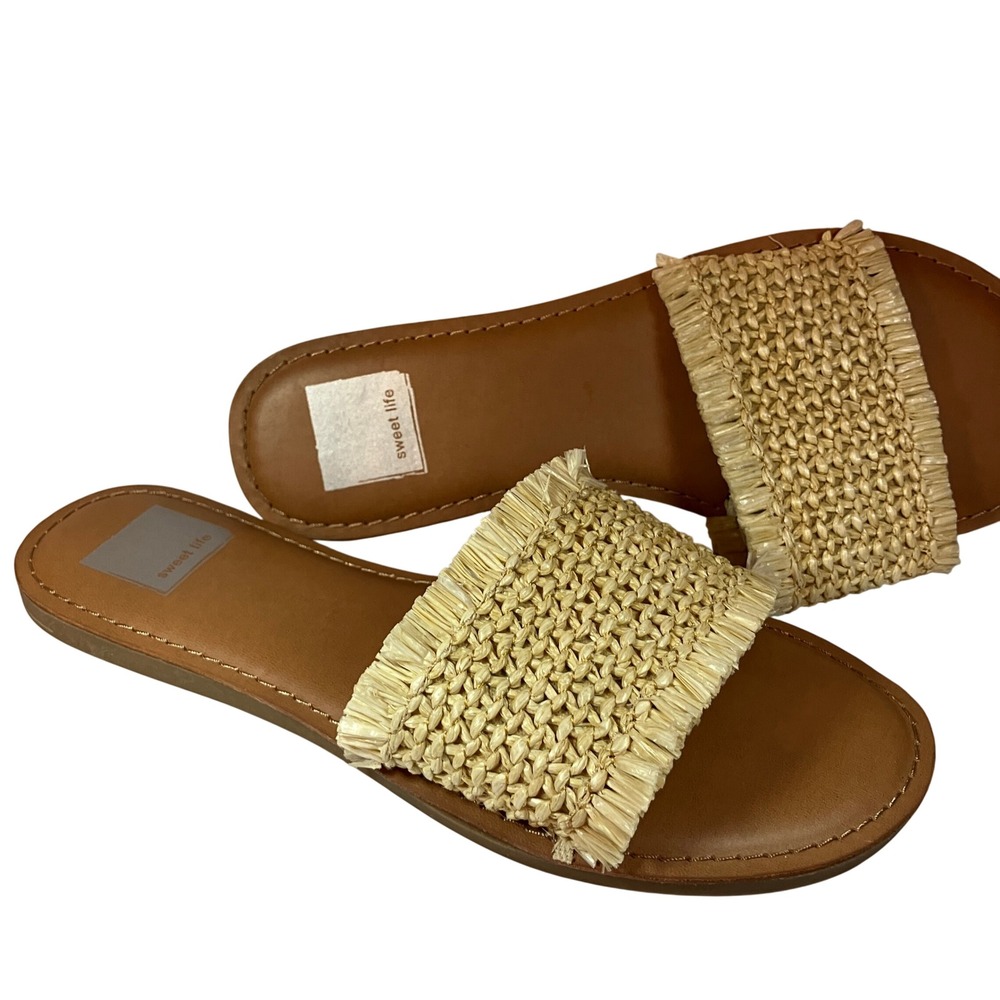 Dolce Vita Sweet Life Woven Raffia Slide Sandals Boho Coastal Straw 6.5